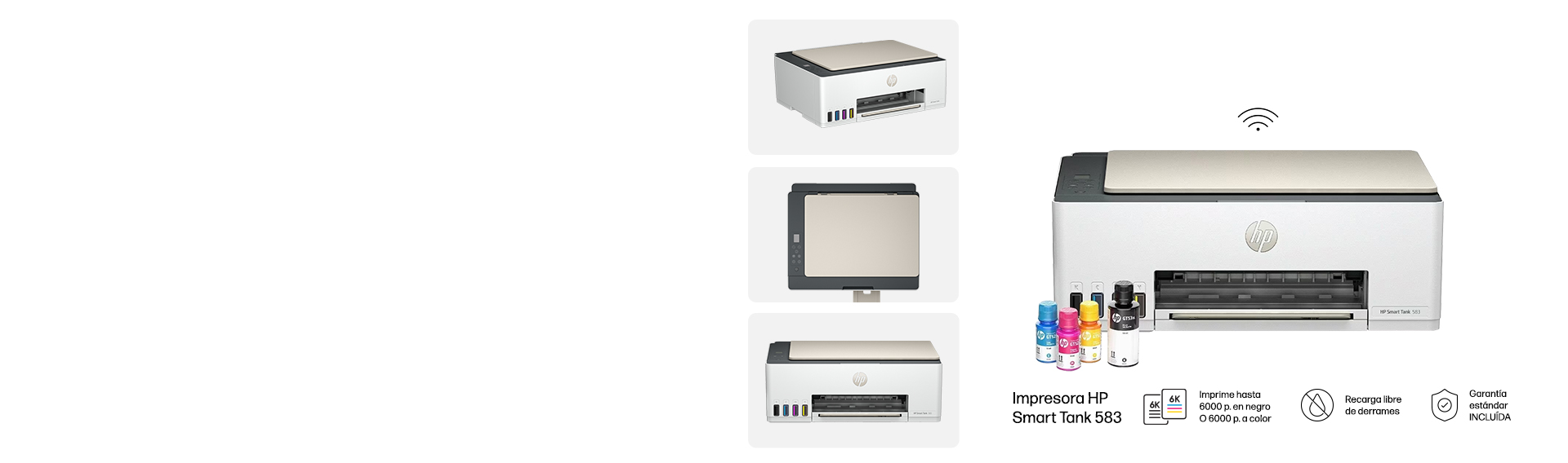 4 vistas de una Impresora HP Smart Tank 583 Imprime hasta 6000 p. en negro o 6000 p. a color. Recarga libre de derrames. Garantía estándar INCLUÍDA 