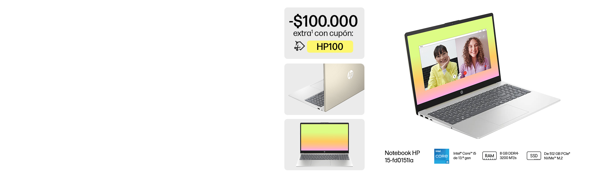 3 vistas de una Notebook HP 15-fd0151la. Procesador Intel&reg; C...