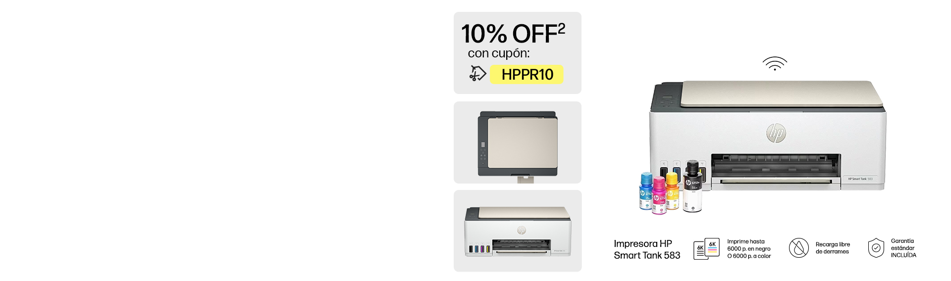 3 vistas de una Impresora HP Smart Tank 583 Imprime hasta 60...