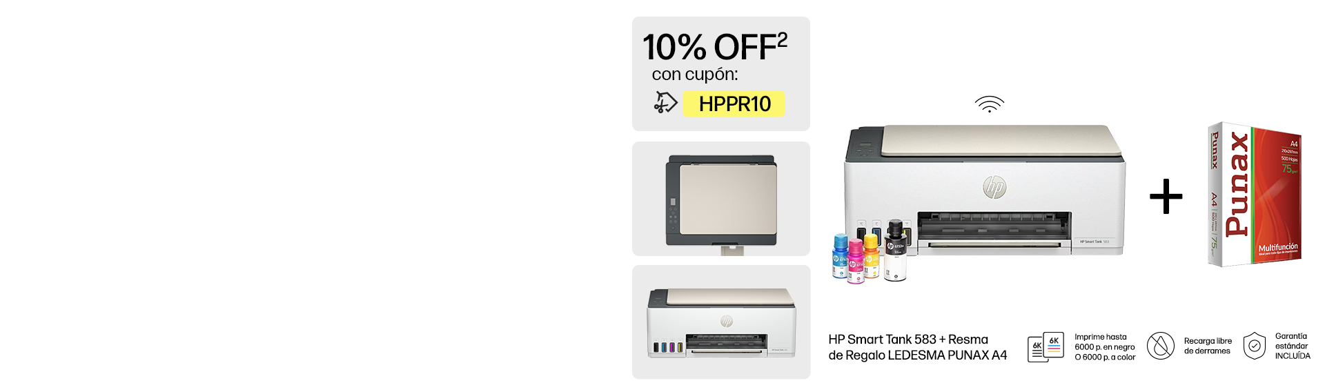 3 vistas de una HP Smart Tank 583 + Resma de Regalo LEDESMA PUNAX A4. Imprime hasta 6000 p. en negro o 6000 p. a color. Recarga libre de derrames. Garant&iacute;a est&aacute;ndar INCLU&Iacute;DA. -10 OFF* con cup&oacute;n: HPPR10