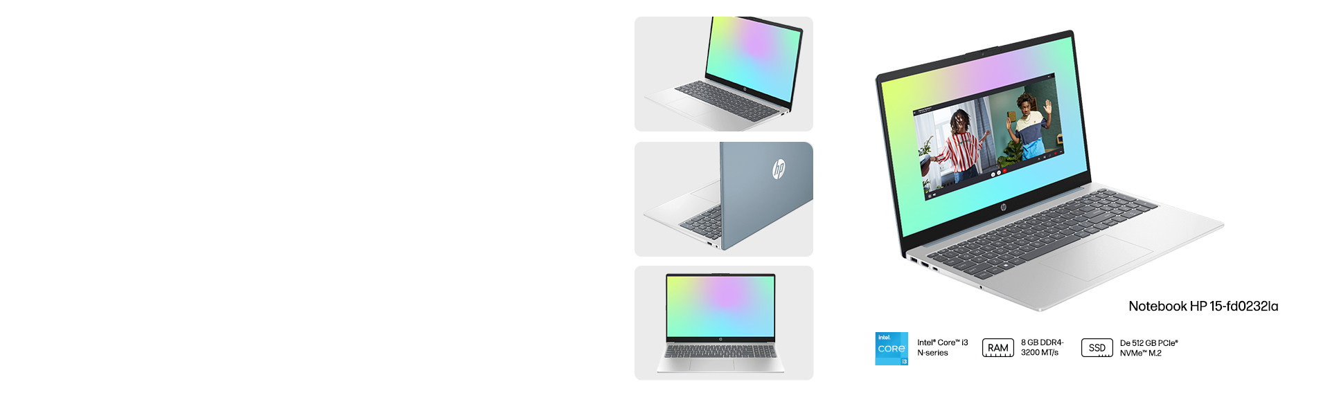 4 vistas de una Notebook HP 15-fd0232la. Procesador Intel&reg; C...