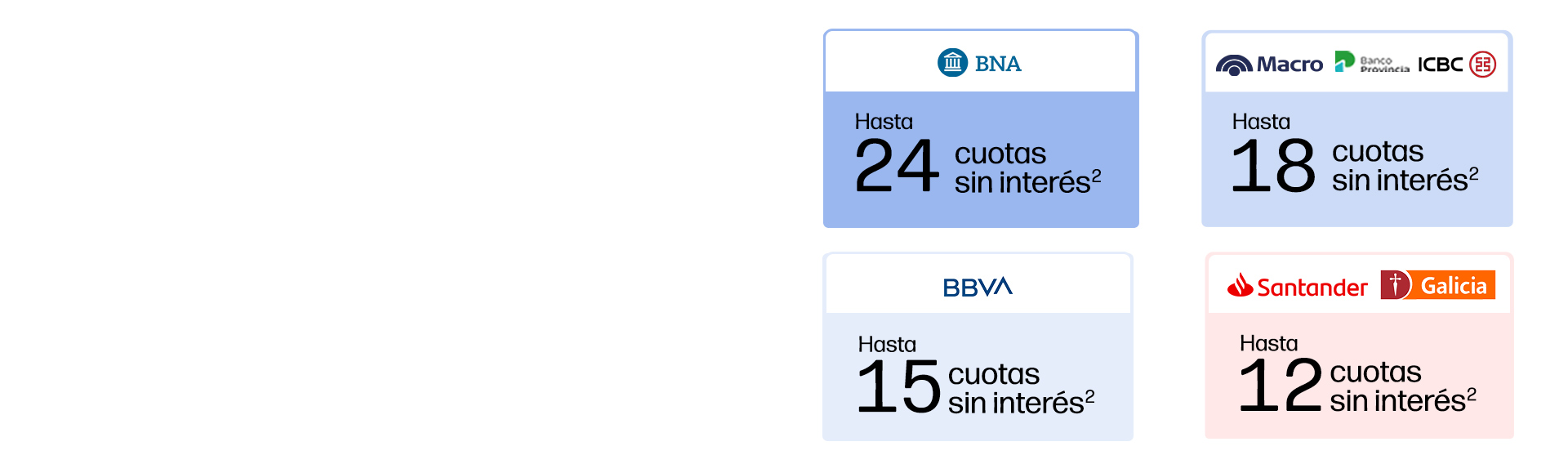 Hasta 24 cuotas sin inter&eacute;s** con BNA. Hasta 15 cuotas sin inter&eacute;s** con BBVA. Hasta 18 cuotas sin inter&eacute;s** con Macro, Banco Provincia e ICBC. Hasta 12 cuotas sin inter&eacute;s** con Santander y Galicia