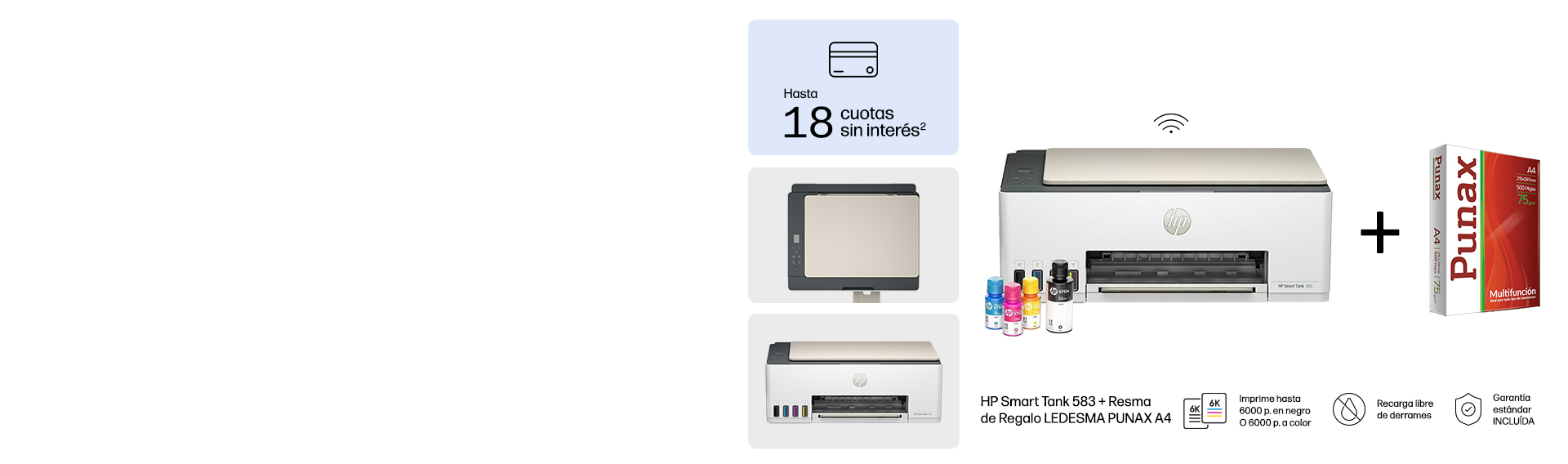HP Smart Tank 583 + Resma de Regalo LEDESMA PUNAX A4 Imprime hasta 6000 p. en negro o 6000 p. a color. Recarga libre de derrames. Garant&iacute;a est&aacute;ndar INCLU&Iacute;DA. Hasta 18 cuotas sin inter&eacute;s*