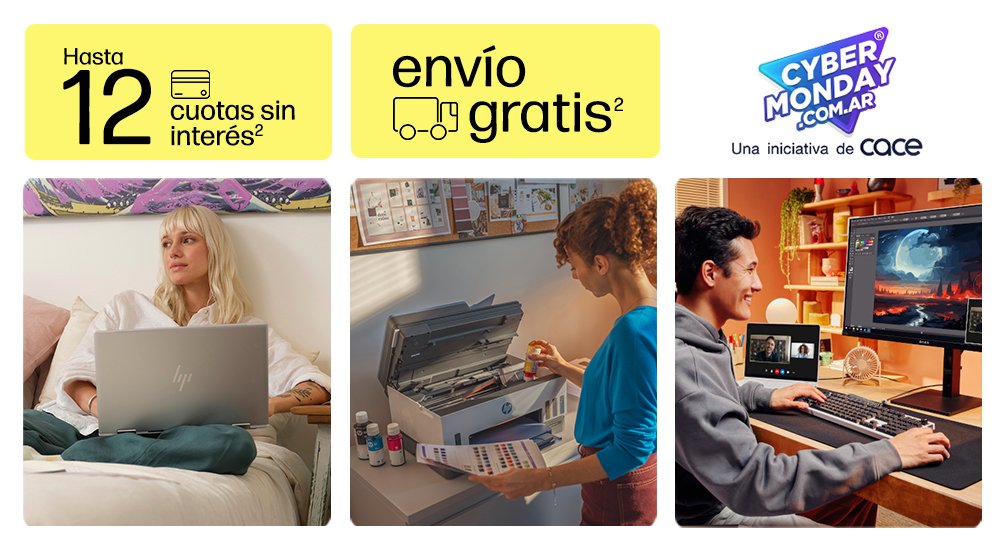Cybermonday. Una iniciativa de Cace. Hasta 12 cuotas sin interés** Envío Gratis**. Descripción de imágenes: personas usando productos HP en diferentes ambientes.