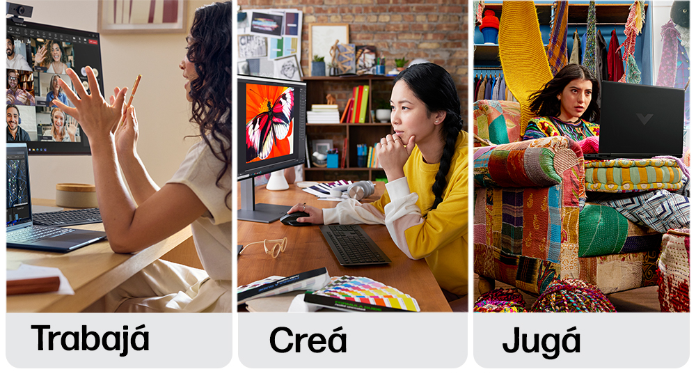 Descripci&oacute;n de imagen: Collage de im&aacute;genes con personas usando equipos HP. Trabaj&aacute;, Cre&aacute;, Jug&aacute;.