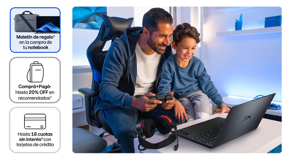 Imagen de un pap&aacute; con su hijo en una laptop gaming. Malet&iacute;n ...