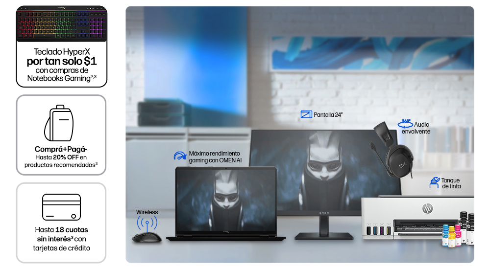 Im&aacute;gen de productos HP en un escritorio en oficina. Teclado HyperX por tan solo $1 con compras de Notebooks Gaming** . Compr&aacute;+Pag&aacute;-Hasta 20% OFF en productos recomendados** Hasta 18 cuotas sin inter&eacute;s** con tarjetas de cr&eacute;dito.