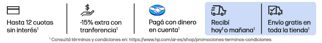 Hasta en 12 cuotas sin interés* -15% extra* con transferencia. Pagá con dinero en cuenta Mercado Pago* Recibí hoy* o mañana* Envío Gratis en toda la tienda* Hacé clic para * ver términos.