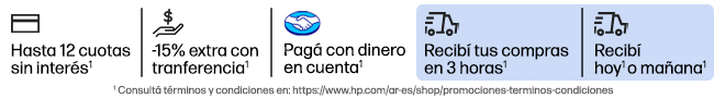 Hasta en 12 cuotas sin inter&eacute;s* -15% extra* con transferencia. Pag&aacute; con dinero en cuenta Mercado Pago* Recib&iacute; tus compras en 3 horas* Recib&iacute; hoy* o ma&ntilde;ana* Hac&eacute; clic para * ver t&eacute;rminos.