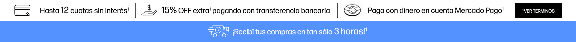 Hasta en 12 cuotas sin interés* 15% OFF extra* pagando con transferencia bancaria.  Paga con dinero en cuenta Mercado Pago* Hacé clic para * ver términos. Nuevo: ¡Recibí tus compras en tans sólo 3 horas!