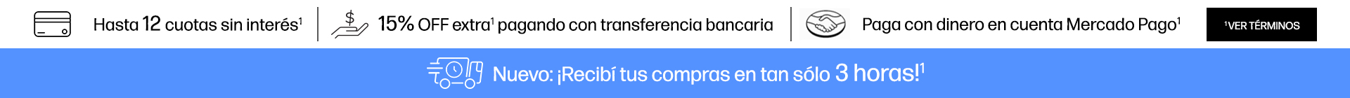 Hasta en 12 cuotas sin interés* 15% OFF extra* pagando con transferencia bancaria.  Paga con dinero en cuenta Mercado Pago* Hacé clic para * ver términos. Nuevo: ¡Recibí tus compras en tans sólo 3 horas!