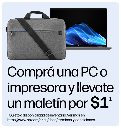Comprá una PC o impresora y llevate un maletín por $1¹. ¹ Sujeto a diponibilidad de inventario. Ver más en: https://www.hp.com/ar-es/shop/terminos-y-condiciones