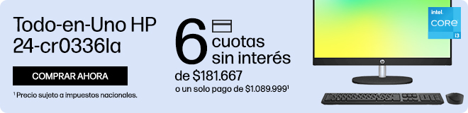 Cyber Oferta. Rendimiento al mejor precio. Todo-en-Uno HP 24-cr0336la. 6 cuotas sin interés de: $181.667 o un solo pago de: $1.089.999(1). Procesador Intel® Core™ i3-N300, Memoria RAM De 8 GB DDR4-3200 MT/s, SSD De 512 GB PCIe® NVMe™ M.2. Envío gratis en toda la tienda(2) (1) Precio sujeto a impuestos nacionales. (2) Consultá términos y condiciones en: https://www.hp.com/ar-es/shop/promociones-terminos-condiciones Hacé clic para comprar ahora.