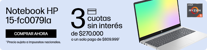 Cyber Oferta. Potencia y precio imbatible. Notebook HP 15-fc0079la. 3 cuotas sin interés de: $270.000 o un solo pago de: $809.999(1). Procesador AMD Ryzen™ 5, Memoria RAM De 8 GB LPDDR5-5500 MB/s, SSD De 512 GB PCIe® NVMe™ M.2. Envío gratis en toda la tienda(2) (1) Precio sujeto a impuestos nacionales. (2) Consultá términos y condiciones en: https://www.hp.com/ar-es/shop/promociones-terminos-condiciones Hacé clic para comprar ahora.