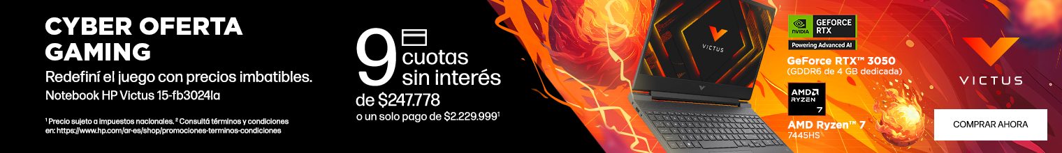 Cyber Oferta Gaming. Redefiní el juego con precios imbatibles. Notebook HP Victus Gaming 15-fb3024la. 9 cuotas sin interés de: $247.778 o un solo pago de: $2.229.999(1). GPU GeForce RTX™ 3050(GDDR6 de 4 GB dedicada) y Procesador AMD Ryzen™ 7 7445H. Envío gratis en toda la tienda(2) (1) Precio sujeto a impuestos nacionales. (2) Consultá términos y condiciones en: https://www.hp.com/ar-es/shop/promociones-terminos-condiciones Hacé clic para comprar ahora.