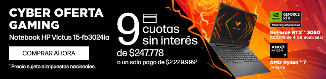 Cyber Oferta Gaming. Redefiní el juego con precios imbatibles. Notebook HP Victus Gaming 15-fb3024la. 9 cuotas sin interés de: $247.778 o un solo pago de: $2.229.999(1). GPU GeForce RTX™ 3050(GDDR6 de 4 GB dedicada) y Procesador AMD Ryzen™ 7 7445H. Envío gratis en toda la tienda(2) (1) Precio sujeto a impuestos nacionales. (2) Consultá términos y condiciones en: https://www.hp.com/ar-es/shop/promociones-terminos-condiciones Hacé clic para comprar ahora.