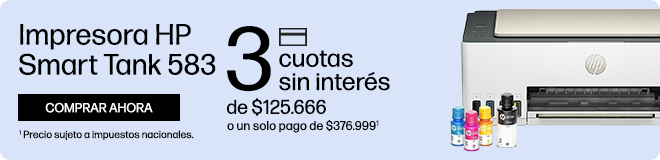 Cyber Oferta. Calidad y ahorro en impresión. Impresora HP Smart Tank 583. 3 cuotas sin interés de: $125.666 o un solo pago de: $376.999(1). Hasta 6000 p.en negro o 6000 p. a color, recarga libre de derrames, garantía estándar incluída. Envío gratis en toda la tienda(2) (1) Precio sujeto a impuestos nacionales. (2) Consultá términos y condiciones en: https://www.hp.com/ar-es/shop/promociones-terminos-condiciones Hacé clic para comprar ahora.