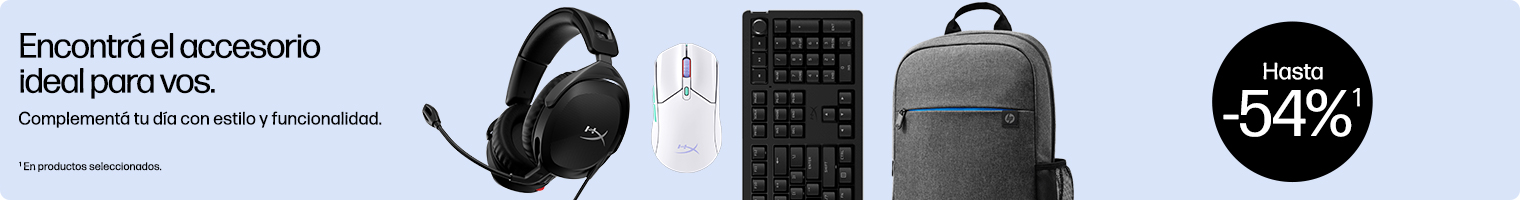 Encontr&aacute; el accesorio ideal para vos. Complement&aacute; tu d&iacute;a con estilo y funcionalidad. Collage de accesorios HP. Hasta -54%. (1) En productos seleccionados.