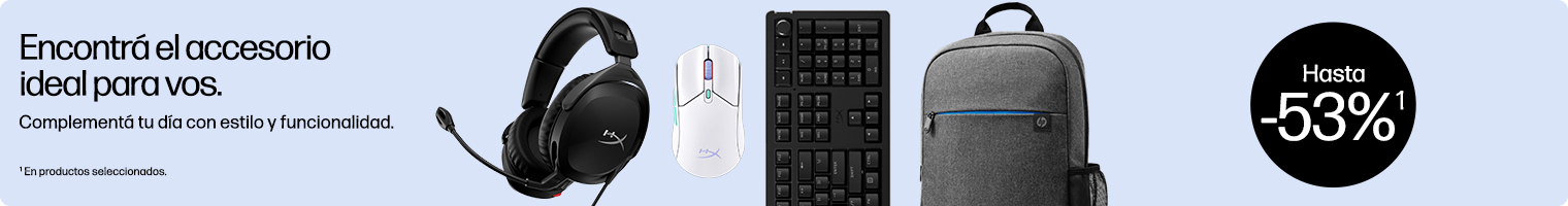Encontr&aacute; el accesorio ideal para vos. Complement&aacute; tu d&iacute;a con estilo y funcionalidad. Collage de accesorios HP. Hasta -53%. (1) En productos seleccionados.