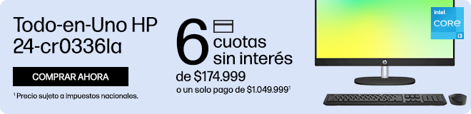 Rendimiento al mejor precio. Todo-en-Uno HP 24-cr0336la. 6 cuotas sin inter&eacute;s de: $174.999 o un solo pago de: $1.049.999(1). Procesador Intel&reg; Core&trade; i3-N300, Memoria RAM De 8 GB DDR4-3200 MT/s, SSD De 512 GB PCIe&reg; NVMe&trade; M.2. (1) Precio sujeto a impuestos nacionales. Consult&aacute; t&eacute;rminos y condiciones en: https://www.hp.com/ar-es/shop/promociones-terminos-condiciones  Hac&eacute; clic para comprar ahora.