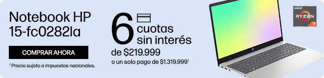 Potencia y precio imbatible. Notebook HP 15-fc0282la. 6 cuotas sin inter&eacute;s de: $219.999 o un solo pago de: $1.319.999(1). Procesador AMD Ryzen&trade; 7, Memoria RAM De 16 GB DDR4-3200 MT/s, SSD De 512 GB PCIe&reg; NVMe&trade; M.2.  (1) Precio sujeto a impuestos nacionales. Consult&aacute; t&eacute;rminos y condiciones en: https://www.hp.com/ar-es/shop/promociones-terminos-condiciones  Hac&eacute; clic para comprar ahora.