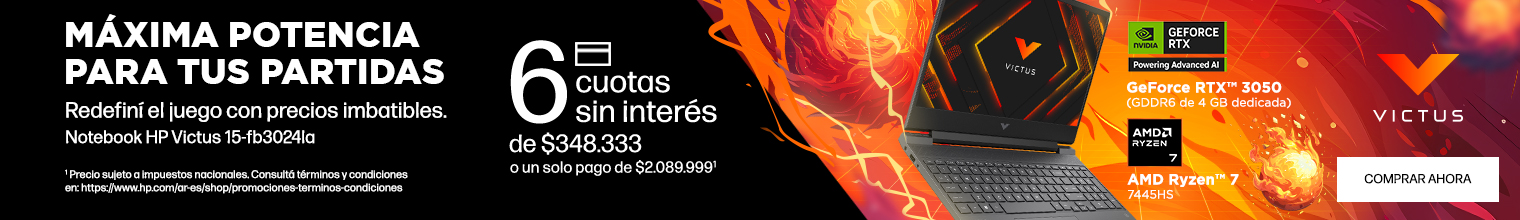 M&aacute;xima potencia para tus partidas. Redefin&iacute; el juego con precios imbatibles. Notebook HP Victus Gaming 15-fb3024la. 6 cuotas sin inter&eacute;s de: $348.333 o un solo pago de: $2.089.999(1). GPU GeForce RTX&trade; 3050(GDDR6 de 4 GB dedicada) y Procesador AMD Ryzen&trade; 7 7445H. (1) Precio sujeto a impuestos nacionales. Consult&aacute; t&eacute;rminos y condiciones en: https://www.hp.com/ar-es/shop/promociones-terminos-condiciones  Hac&eacute; clic para comprar ahora.