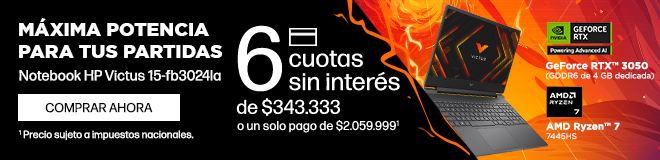 M&aacute;xima potencia para tus partidas. Redefin&iacute; el juego con precios imbatibles. Notebook HP Victus Gaming 15-fb3024la. 6 cuotas sin inter&eacute;s de: $343.333 o un solo pago de: $2.059.999(1). GPU GeForce RTX&trade; 3050(GDDR6 de 4 GB dedicada) y Procesador AMD Ryzen&trade; 7 7445H. (1) Precio sujeto a impuestos nacionales. Consult&aacute; t&eacute;rminos y condiciones en: https://www.hp.com/ar-es/shop/promociones-terminos-condiciones  Hac&eacute; clic para comprar ahora.