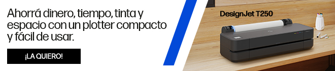 Ahorr&aacute; dinero, tiempo, tinta y espacio con un plotter compacto y f&aacute;cil de usar. Im&aacute;gen del plotter HP DesignJet de la serie T250. Hac&eacute; clic para comprar.