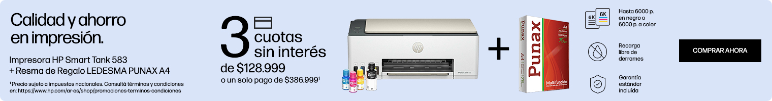 Calidad y ahorro en impresi&oacute;n. Impresora HP Smart Tank 583 + Resma de Regalo LEDESMA PUNAX A4. 3 cuotas sin inter&eacute;s de: $128.999 o un solo pago de: $386.999(1). Hasta 6000 p.en negro o 6000 p. a color, recarga libre de derrames, garant&iacute;a est&aacute;ndar inclu&iacute;da. (1) Precio sujeto a impuestos nacionales. Consult&aacute; t&eacute;rminos y condiciones en: https://www.hp.com/ar-es/shop/promociones-terminos-condiciones Hac&eacute; clic para comprar ahora