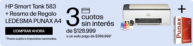 Calidad y ahorro en impresi&oacute;n. Impresora HP Smart Tank 583 + Resma de Regalo LEDESMA PUNAX A4. 3 cuotas sin inter&eacute;s de: $128.999 o un solo pago de: $386.999(1). Hasta 6000 p.en negro o 6000 p. a color, recarga libre de derrames, garant&iacute;a est&aacute;ndar inclu&iacute;da. (1) Precio sujeto a impuestos nacionales. Consult&aacute; t&eacute;rminos y condiciones en: https://www.hp.com/ar-es/shop/promociones-terminos-condiciones Hac&eacute; clic para comprar ahora