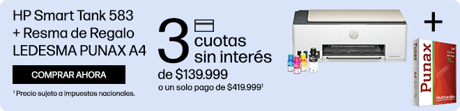 Calidad y ahorro en impresi&oacute;n. Impresora HP Smart Tank 583 + Resma de Regalo LEDESMA PUNAX A4. 3 cuotas sin inter&eacute;s de: $139.999 o un solo pago de: $419.999(1). Hasta 6000 p.en negro o 6000 p. a color, recarga libre de derrames, garant&iacute;a est&aacute;ndar inclu&iacute;da. (1) Precio sujeto a impuestos nacionales. Consult&aacute; t&eacute;rminos y condiciones en: https://www.hp.com/ar-es/shop/promociones-terminos-condiciones Hac&eacute; clic para comprar ahora
