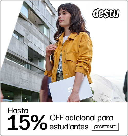Logo destu. Una chica entrando al colegio con una laptop HP en brazo. 15% descuento adicional para estudiantes. Haz clic para registrarte.