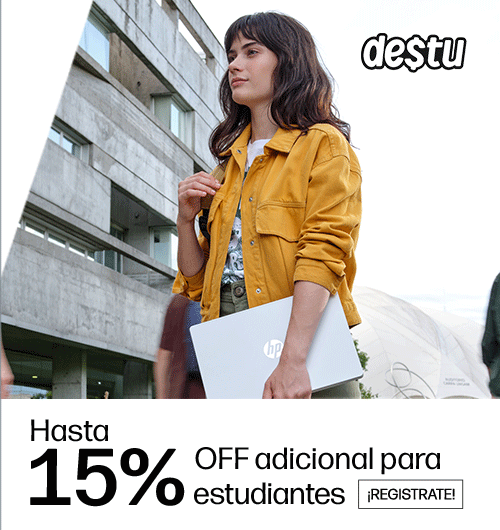Logo destu. Una chica entrando al colegio con una laptop HP en brazo. 15% descuento adicional para estudiantes. Haz clic para registrarte.