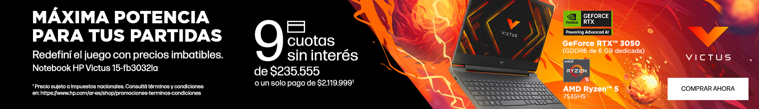 M&aacute;xima potencia para tus partidas. Redefin&iacute; el juego con precios imbatibles. Notebook HP Victus Gaming 15-fb3032la. 9 cuotas sin inter&eacute;s de: $235.555 o un solo pago de: $2.119.999(1). GPU GeForce RTX&trade; 3050(GDDR6 de 6 GB dedicada) y Procesador AMD Ryzen&trade; 5 7535HS. (1) Precio sujeto a impuestos nacionales. Consult&aacute; t&eacute;rminos y condiciones en: https://www.hp.com/ar-es/shop/promociones-terminos-condiciones  Hac&eacute; clic para comprar ahora.