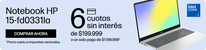Potencia y precio imbatible. Notebook HP 15-fd0331la. 6 cuotas sin inter&eacute;s de: $2199.999 o un solo pago de: $1.199.999(1). Procesador Intel&reg; Core&trade; 3, Memoria RAM De 8 GB DDR5-5200 MT/s, SSD De 512 GB  (1) Precio sujeto a impuestos nacionales. Consult&aacute; t&eacute;rminos y condiciones en: https://www.hp.com/ar-es/shop/promociones-terminos-condiciones  Hac&eacute; clic para comprar ahora.