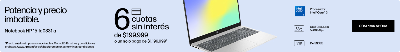 Potencia y precio imbatible. Notebook HP 15-fd0331la. 6 cuotas sin inter&eacute;s de: $2199.999 o un solo pago de: $1.199.999(1). Procesador Intel&reg; Core&trade; 3, Memoria RAM De 8 GB DDR5-5200 MT/s, SSD De 512 GB  (1) Precio sujeto a impuestos nacionales. Consult&aacute; t&eacute;rminos y condiciones en: https://www.hp.com/ar-es/shop/promociones-terminos-condiciones  Hac&eacute; clic para comprar ahora.