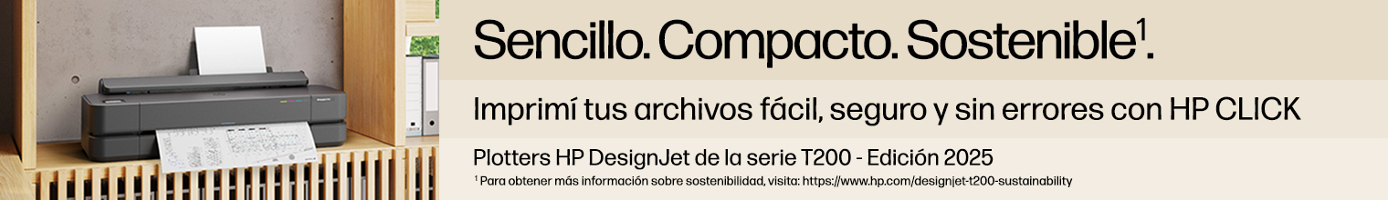 Sencillo. Compacto. Sostenible*. Imprimí tus archivos fácil, seguro y sin errores con HP CLICK. Plotters HP DesignJet de la serie T200 - Edición 2025. 1 Para obtener más información sobre sostenibilidad, visita: https://www.hp.com/designjet-t200-sustainability Imágen del plotter HP DesignJet de la serie T200 imprimiendo un plano.