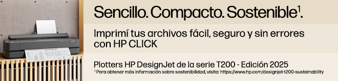 Sencillo. Compacto. Sostenible*. Imprimí tus archivos fácil, seguro y sin errores con HP CLICK. Plotters HP DesignJet de la serie T200 - Edición 2025. 1 Para obtener más información sobre sostenibilidad, visita: https://www.hp.com/designjet-t200-sustainability Imágen del plotter HP DesignJet de la serie T200 imprimiendo un plano.