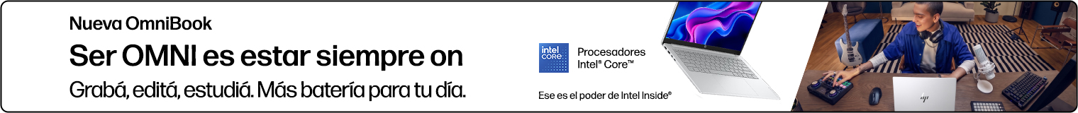 Nueva OmniBook. Ser OMNI es estar siempre on. Grab&aacute;, edit&aacute;, estudi&aacute;. M&aacute;s bater&iacute;a para tu d&iacute;a. Procesadores Intel&reg; Core&trade; . Ese es el poder de Intel Inside&reg;. Un chico editando audio en caa en una Omnibook HP.