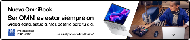 Nueva OmniBook. Ser OMNI es estar siempre on. Grab&aacute;, edit&aacute;, estudi&aacute;. M&aacute;s bater&iacute;a para tu d&iacute;a. Procesadores Intel&reg; Core&trade; . Ese es el poder de Intel Inside&reg;. Un chico editando audio en caa en una Omnibook HP.