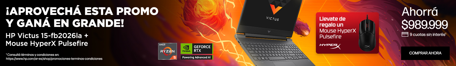 ¡Aprovechá esta promo y ganá en grande! HP Victus 15-fb2026la + Mouse HyperX Pulsefire. Llevate de regalo unMouse HyperXPulsefire. Ahorrá $989.999 9 cuotas sin interés. 1 Consultá términos y condiciones en: https://www.hp.com/ar-es/shop/promociones-terminos-condiciones Fotografía de una HP Victus 15-fb2026la con procesador AMD Ryzen 5 y GPU NVIDIA Geforce RTX sobre un fondo de color naranja con meteoros.