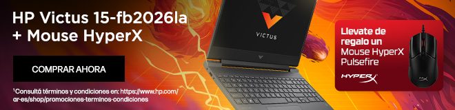 ¡Aprovechá esta promo y ganá en grande! HP Victus 15-fb2026la + Mouse HyperX Pulsefire. Llevate de regalo unMouse HyperXPulsefire. Ahorrá $989.999 9 cuotas sin interés. 1 Consultá términos y condiciones en: https://www.hp.com/ar-es/shop/promociones-terminos-condiciones Fotografía de una HP Victus 15-fb2026la con procesador AMD Ryzen 5 y GPU NVIDIA Geforce RTX sobre un fondo de color naranja con meteoros.