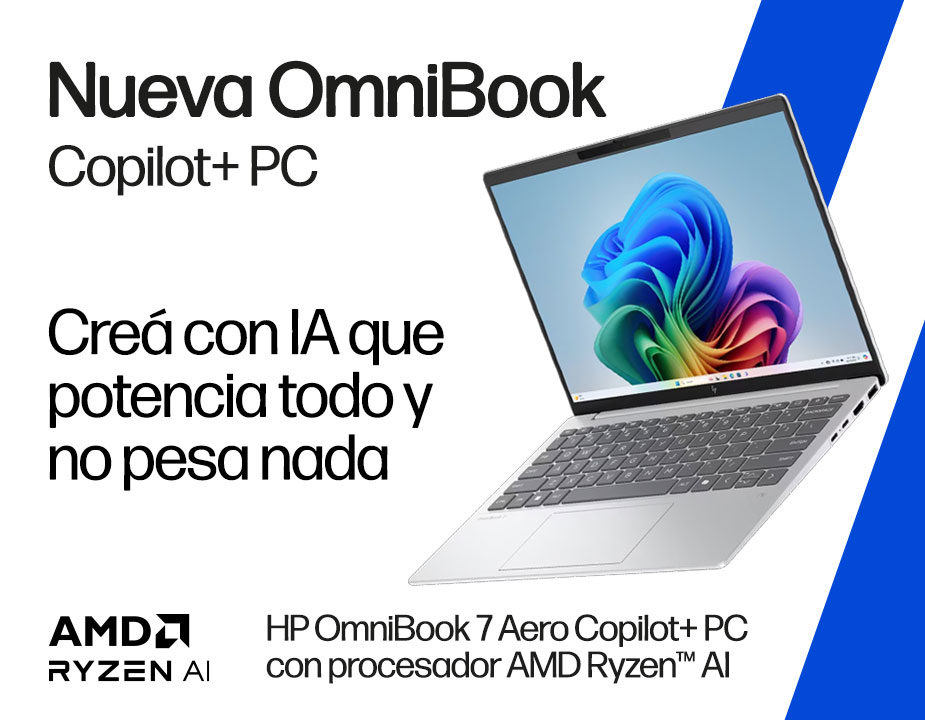 Nueva Omnibook Copilot + PC. Cre&aacute; con IA que potencia todo y no pesa nada. HP OmniBook7 Aero Copilot+PC con procesador AMD Ryzen AI