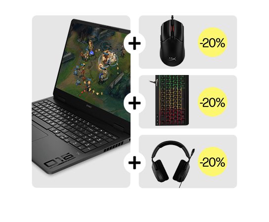 Imagen de combo gaming. Notebook Omen y accesorios.