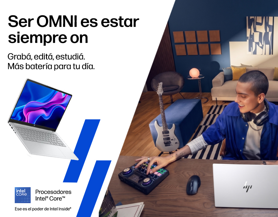 Ser OMNI es estar
siempre on. Grab&aacute;, edit&aacute;, estudi&aacute;. M&aacute;s bater&iacute;a para tu d&iacute;a. Procesadores Intel&reg; Core&trade;. Ese es el poder de Intel Inside&reg;. Imagen de un chico grabando m&uacute;sica usando una Notebook HP