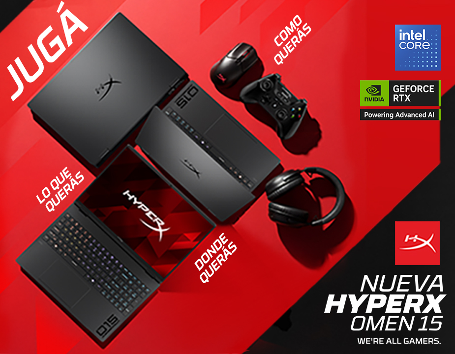 Jugá como quieras. 3 vistas de la Nueva HyperX Omen15 y accesorios. Procesador Intel Core. NVIDIA® GeForce RTX™.