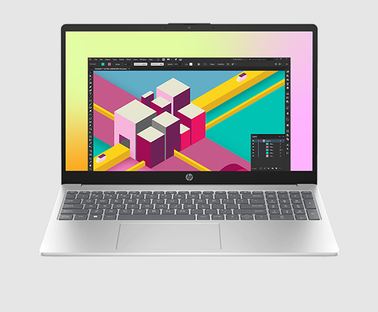 Imagen de una Notebook HP 15-fc0372la con aplicaci&oacute;n en pantalla.