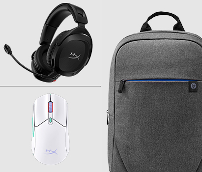 Imagen de un headset, mouse y mochila HP.